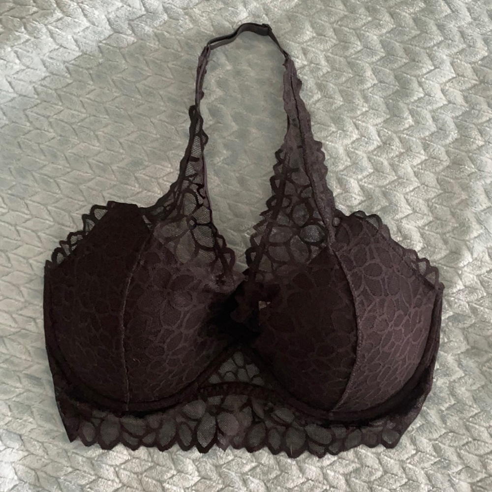 VS PINK Black Lace halter Bralette with underwire Size Large DD